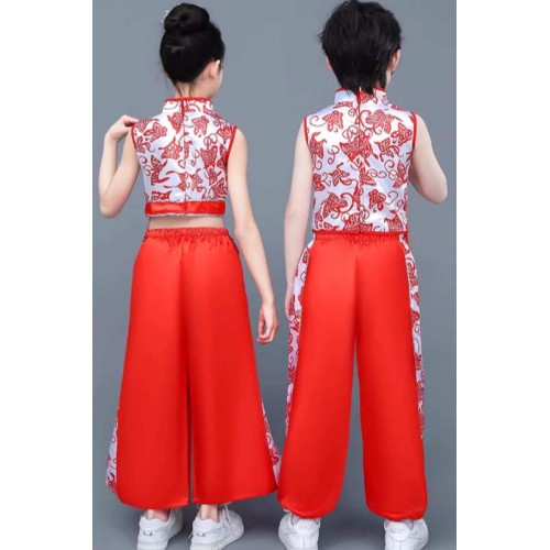 Girls boys kids chinese dragon folk dance costumes drummer traditional yangge lion dragon festival performance dance wear for kids 